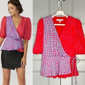 Adelyn Rae Anthropologie Lorna Wrap Top Red Periwinkle Bishop Sleeve Size Small